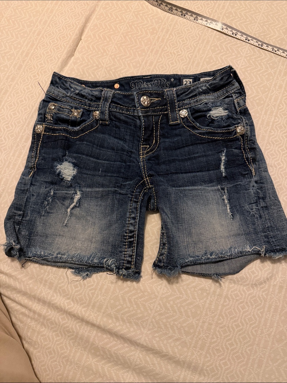 Miss Me Distressed Dark Wash Denim Shorts - Blue